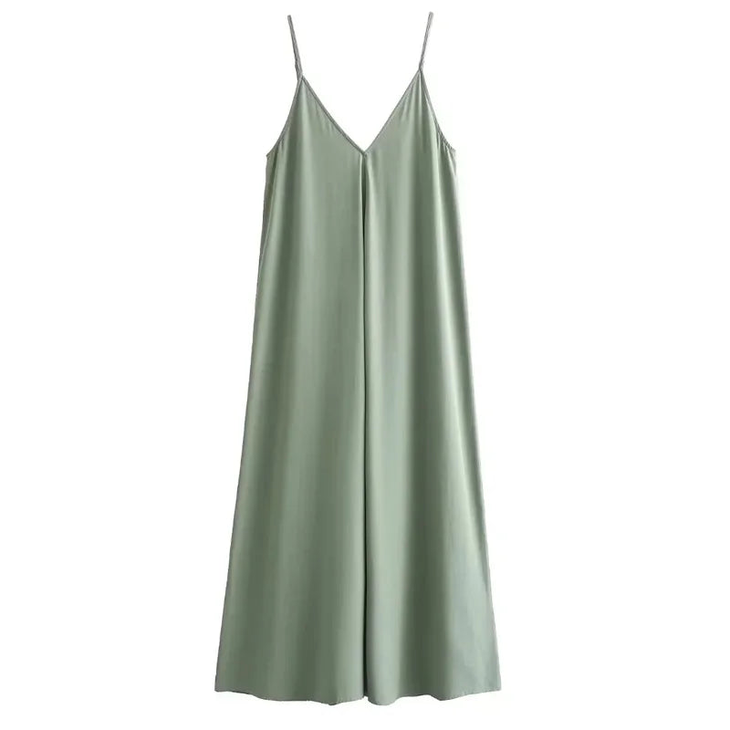 Sleeveless slip dress with thin straps.