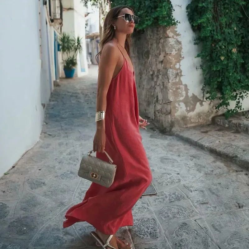 Sleeveless slip dress with thin straps.