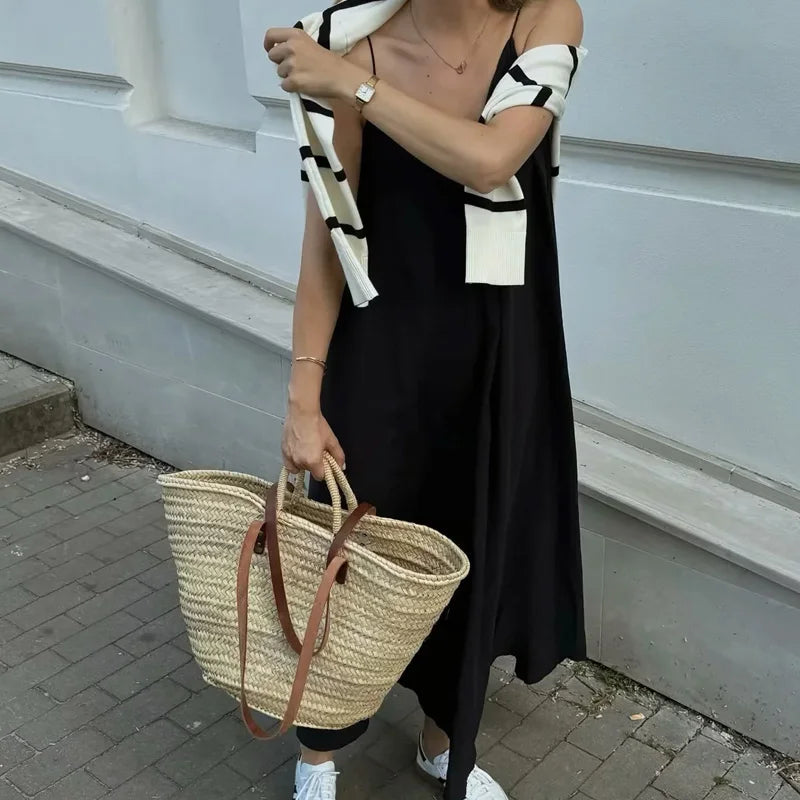 Sleeveless slip dress with thin straps.