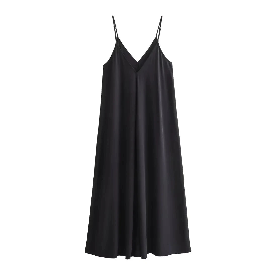 Sleeveless slip dress with thin straps.