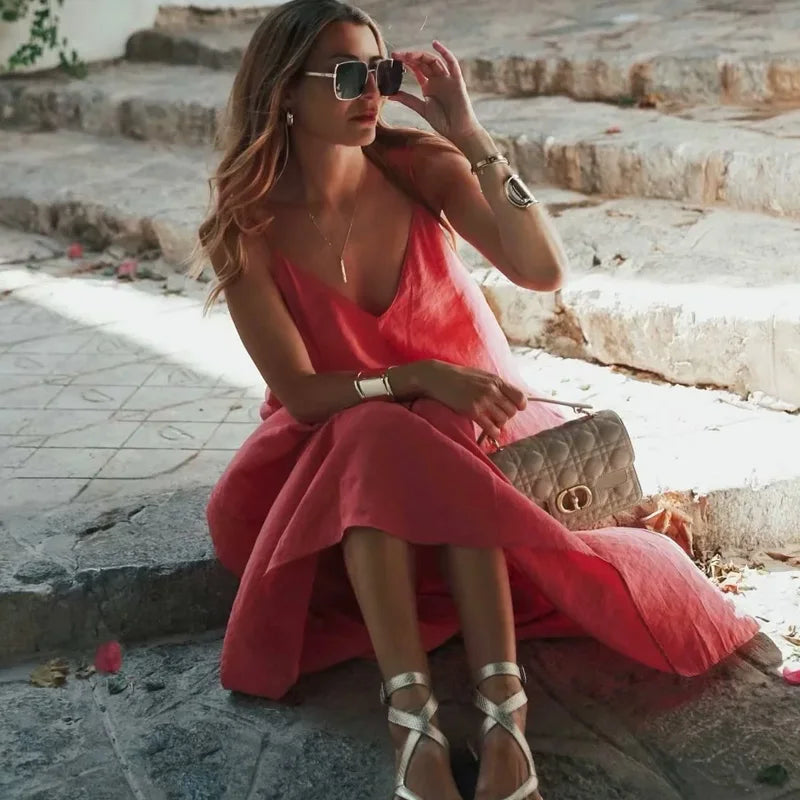 Sleeveless slip dress with thin straps.