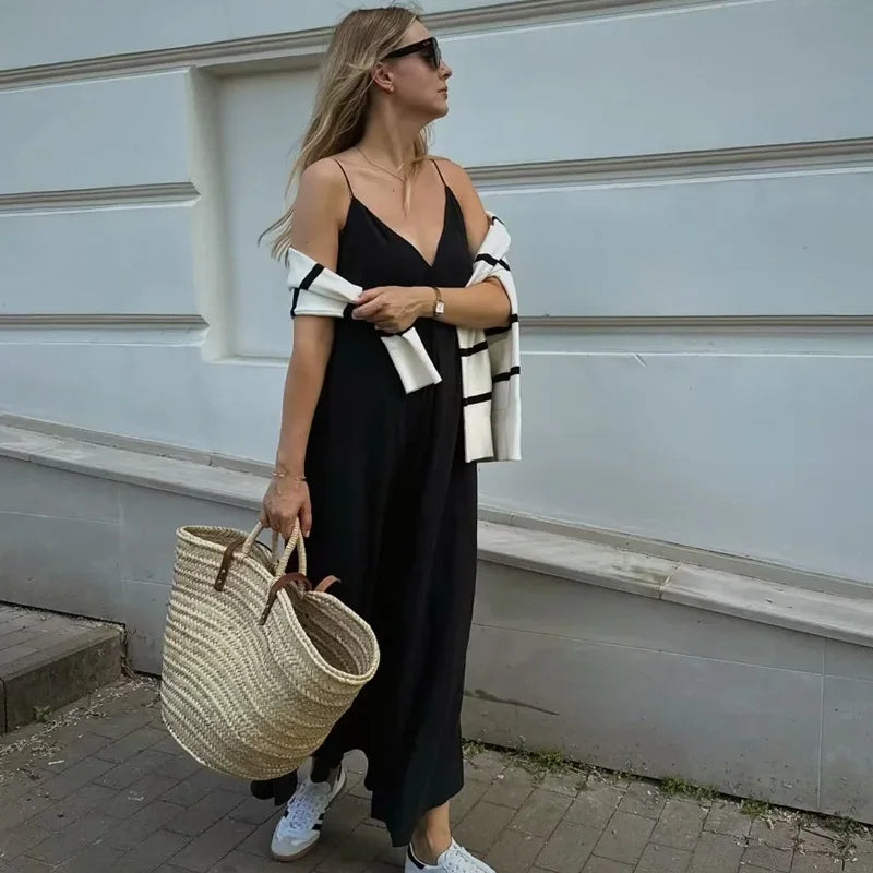 Sleeveless slip dress with thin straps.
