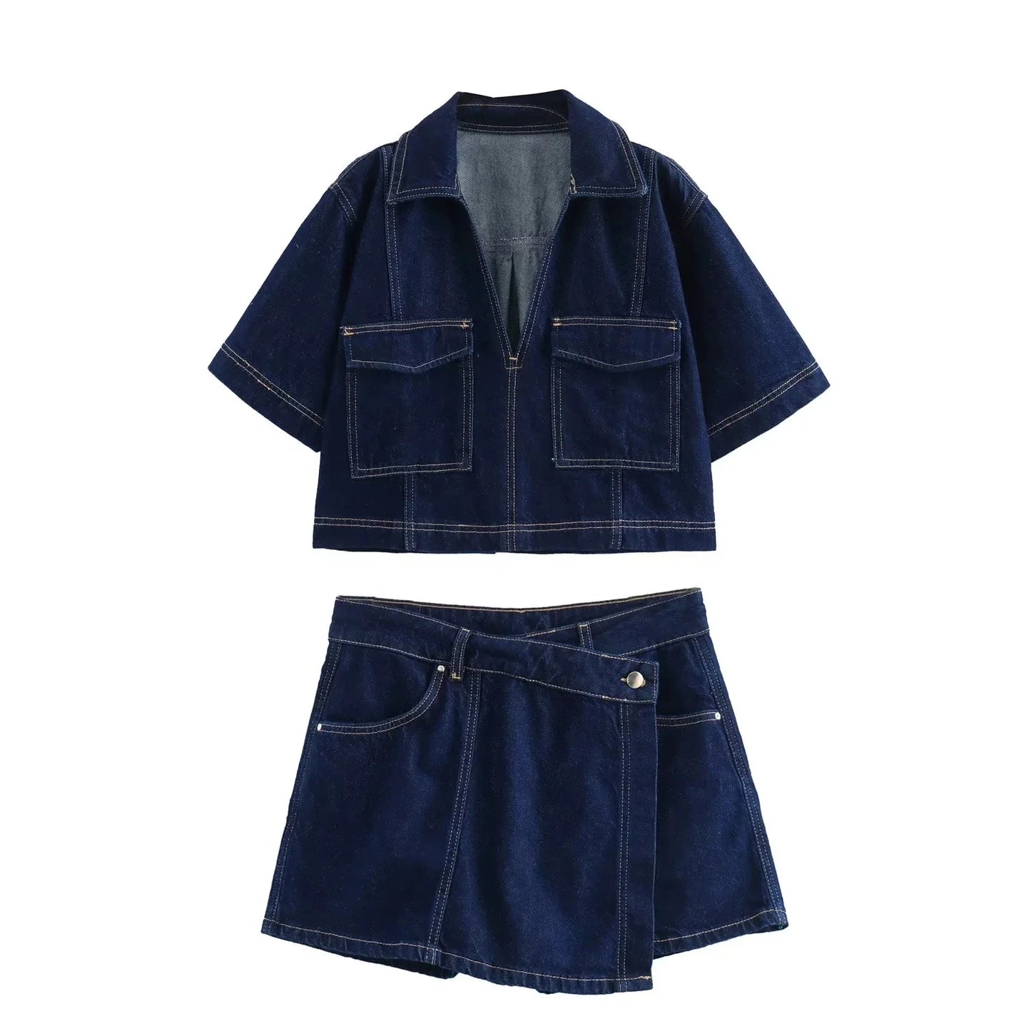 Short skirt and short top set in jeans