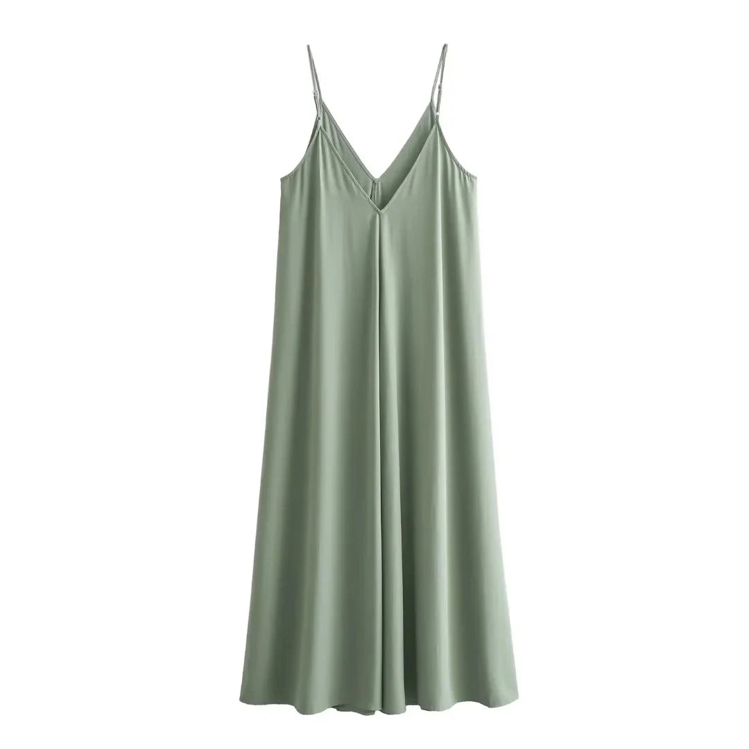 Sleeveless slip dress with thin straps.
