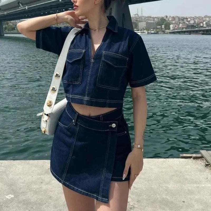 Short skirt and short top set in jeans